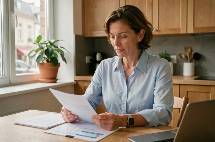 Femme consultant des documents sur les subventions pour sa mutuelle santé à domicile