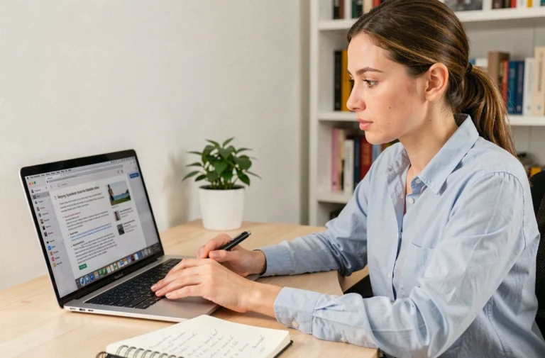 Femme apprenant à utiliser Mélanie2Web sur un ordinateur portable dans un bureau à domicile bien organisé