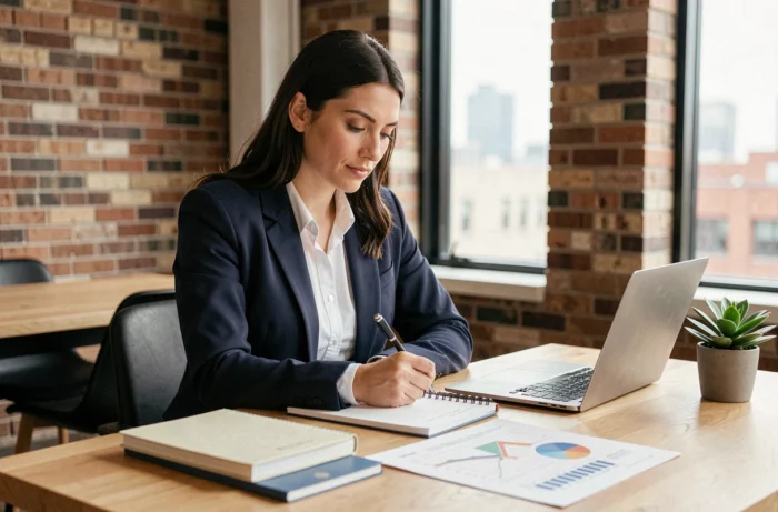 Femme entrepreneur concentrée prenant des notes dans un espace de coworking moderne pour développer son entreprise