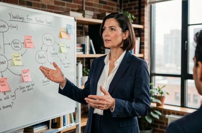 Femme entrepreneuse présentant son plan d'affaires dans un espace de coworking moderne