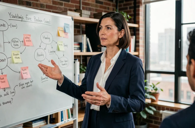 Femme entrepreneuse présentant son plan d'affaires dans un espace de coworking moderne