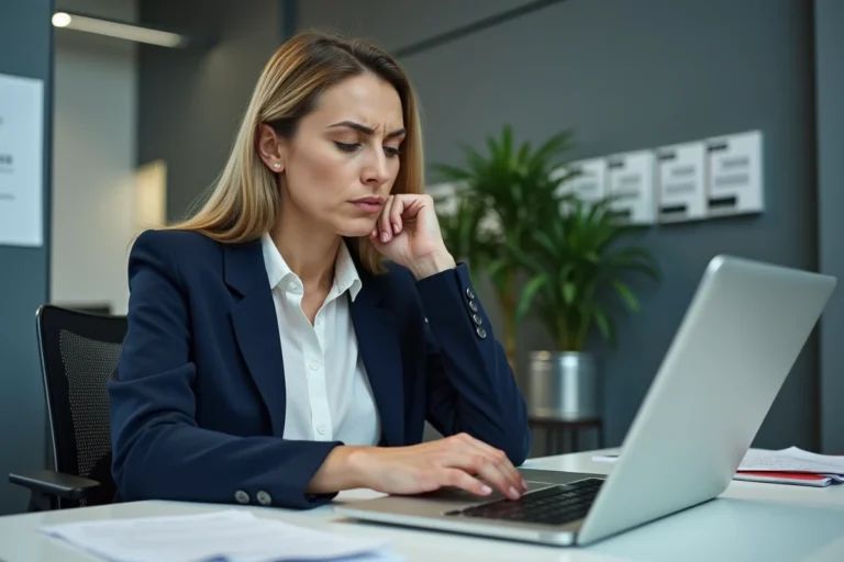 Femme frustrée face à une erreur de connexion sur l'espace Mon IntraParis depuis son bureau municipal