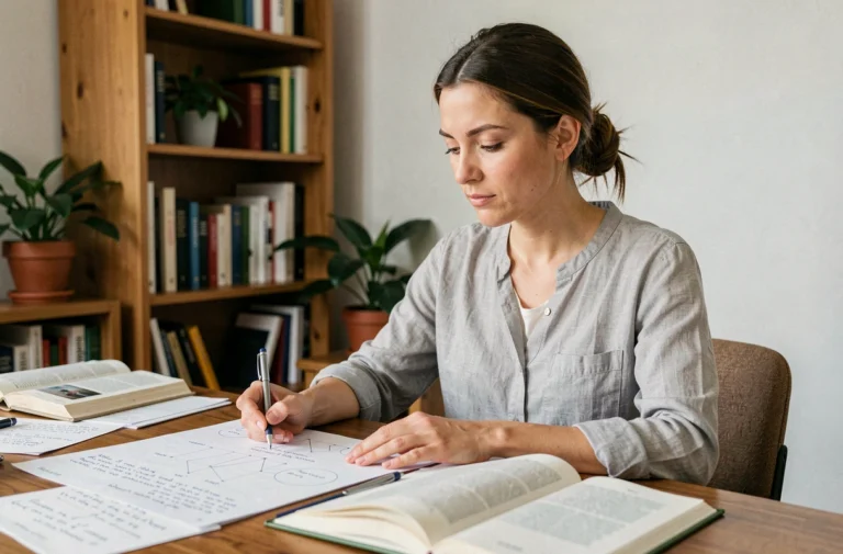 Femme concentrée étudiant des concepts complexes à son bureau entouré de livres et de notes manuscrites