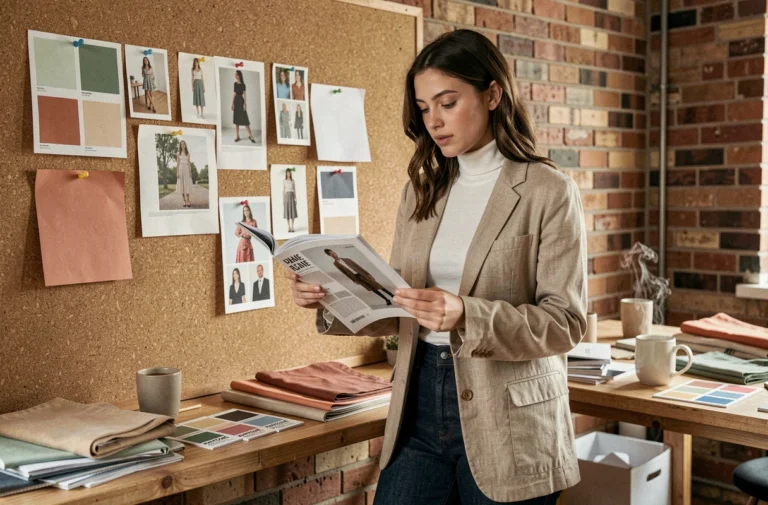 Jeune femme étudiant des tendances mode sur un mur d'inspiration avec des magazines et des échantillons de tissu dans un studio moderne