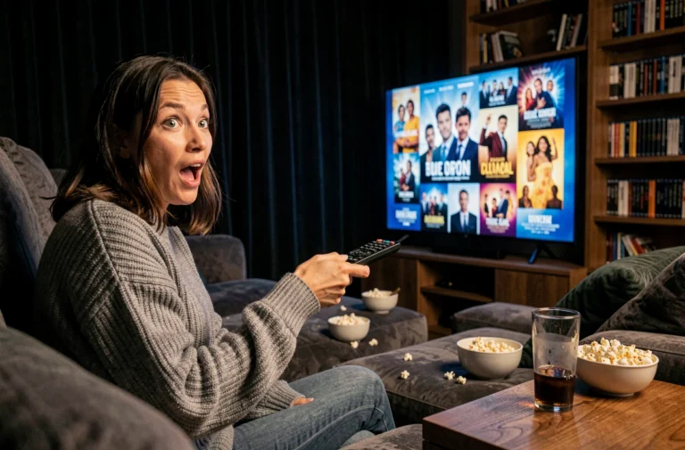 Femme regardant les dernières actualités cinéma et séries sur un grand écran dans un salon cosy