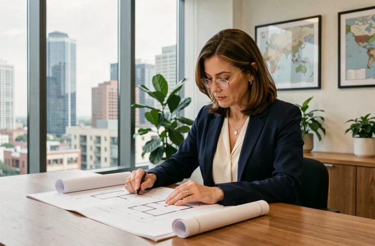 Femme investisseuse immobilière analysant des plans et documents dans un bureau moderne avec vue sur la ville