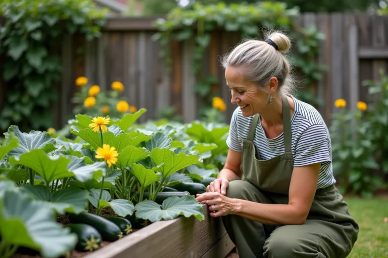 Femme jardinière agenouillée près d'un carré potager surélevé avec des courgettes en pleine croissance dans un jardin ensoleillé