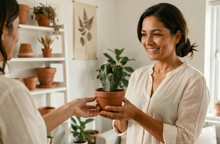 Femme offrant un cactus en pot à quelqu'un, geste symbolique et spirituel dans un salon scandinave lumineux