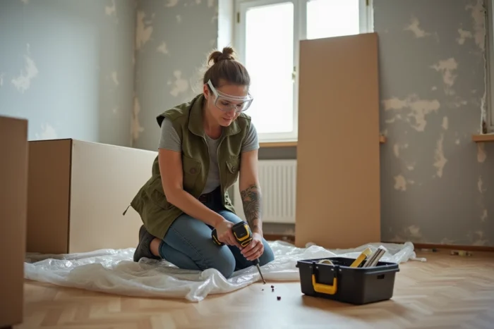 Femme utilisant une perceuse sans fil pour assembler un meuble en kit dans un salon en cours de rénovation