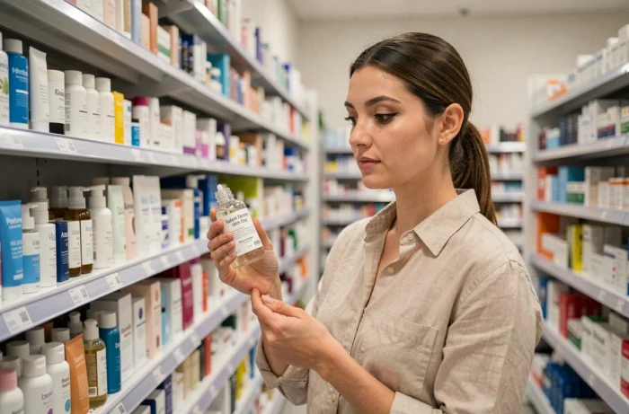 Femme examinant un produit de soin dans un rayon beauté d'une pharmacie moderne, à la recherche d'une alternative à Typology en grande surface