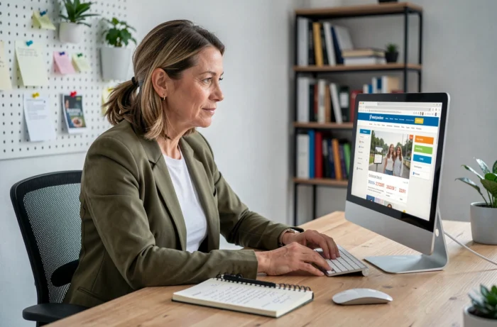 Femme en télétravail recherchant des bons plans et offres promotionnelles sur un ordinateur de bureau dans un home office
