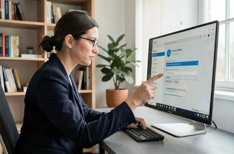 Femme professionnelle configurant les paramètres de sécurité de son système d'exploitation sur un grand écran de bureau à domicile