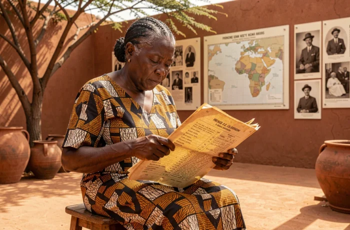 Femme âgée sénégalaise consultant un registre colonial français dans la cour d'un musée historique au Sénégal