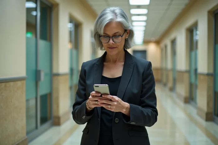 Femme consultant son smartphone dans un couloir administratif face à un problème de connexion sur Mon IntraParis