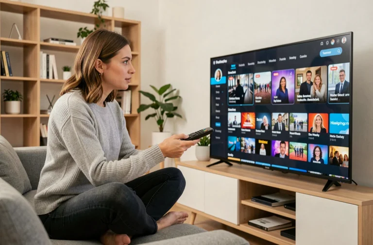 Femme naviguant sur une interface de sélection de profil d'une plateforme de streaming depuis son canapé moderne