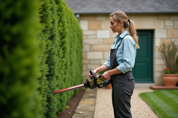 Mulher inspecionando uma cerca de buxo cortada com um cortador de grama elétrico sem fio em um jardim de estilo francês