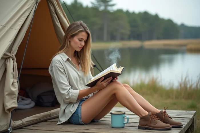Femme lisant devant une tente sur plateforme en bois face à un lac landais calme