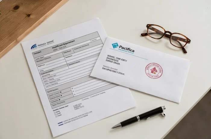 Feuille de soin Pacifica complétée avec enveloppe timbrée prête à être envoyée