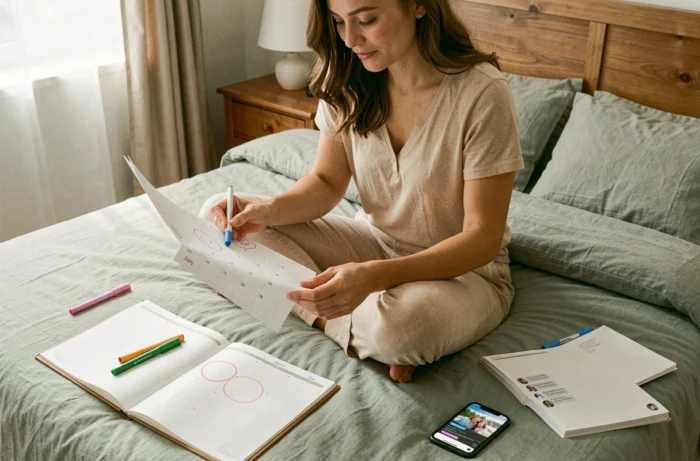 Une femme compare trois agendas et un calendrier pour trouver une date de mariage qui correspond aux disponibilités de chacun.