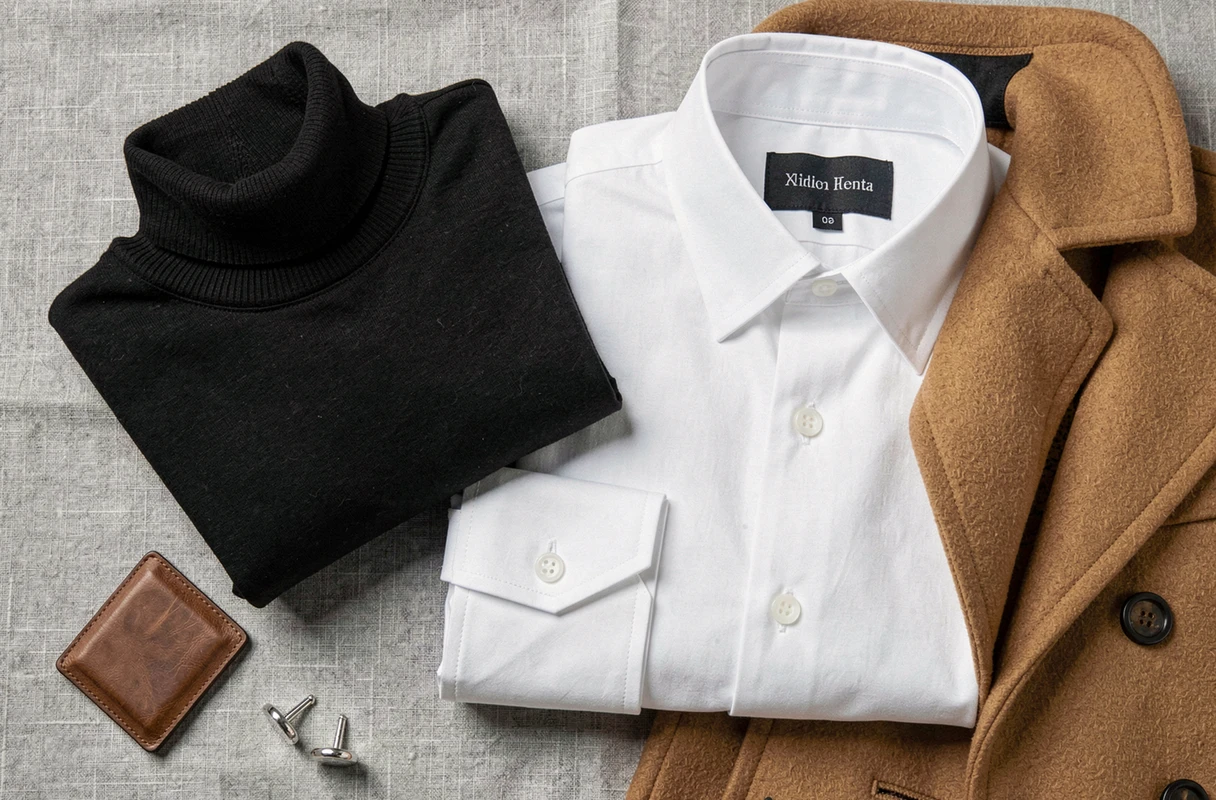 Elegant flat lay of neatly folded clothes on a grey linen background, showcasing fashion pieces from brands starting with Y