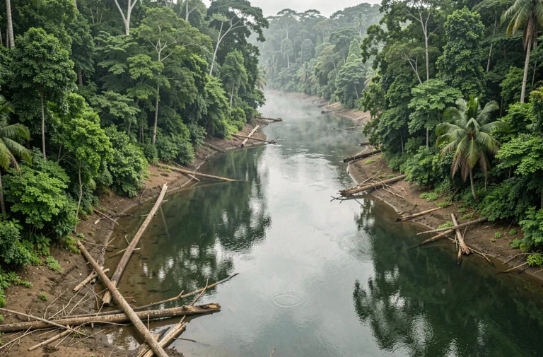 Vue aérienne d'un fleuve tropical sinueux traversant une forêt tropicale dense, reflets verts sur l'eau