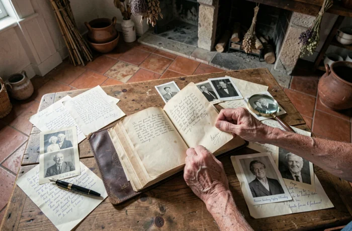Livre de généalogie ouvert entouré de lettres manuscrites et de photographies familiales en noir et blanc sur une table en chêne rustique