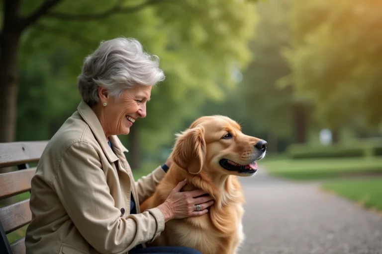 Femme qui caresse un golden retriever assis sur un banc de parc, illustrant la relation entre l'humain et son chien selon la race