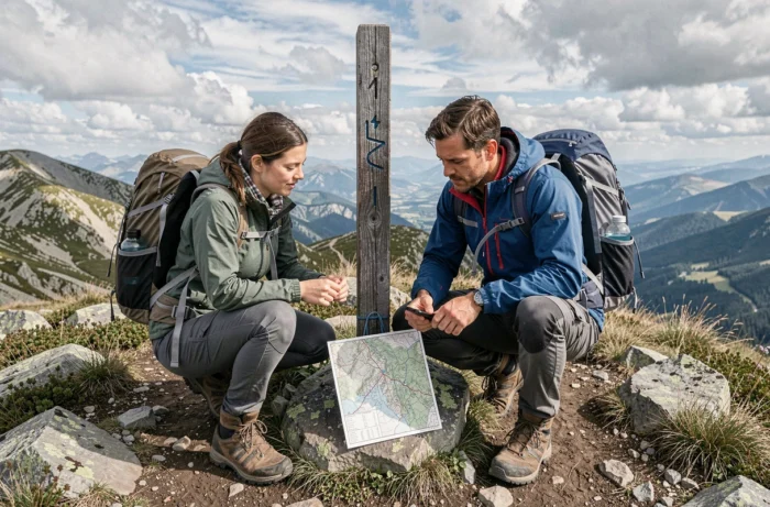 Deux randonneurs utilisant une application GPS gratuite sans connexion internet en montagne