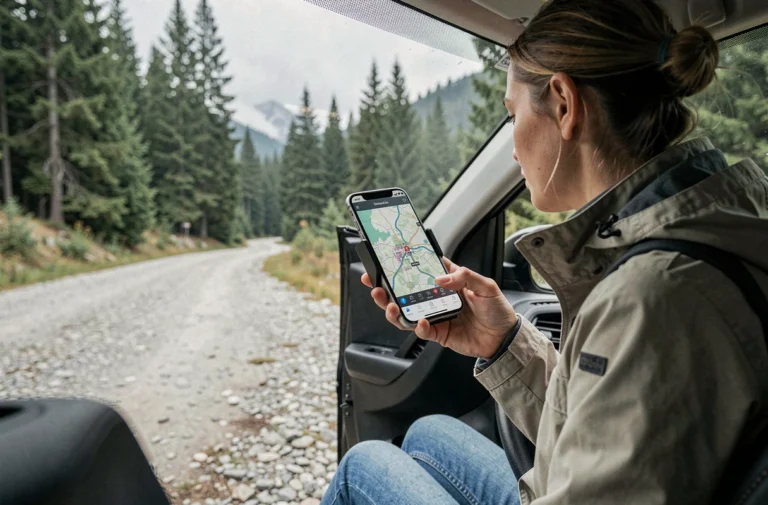 Femme utilisant un GPS hors ligne sur smartphone monté dans une voiture en forêt de montagne