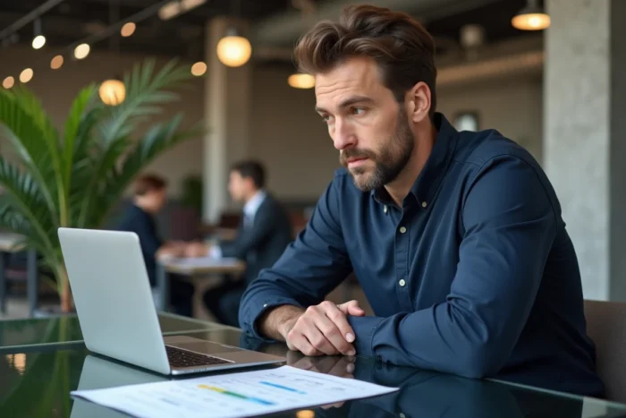Homme en chemise navy consultant une grille tarifaire imprimée pour la vente d'articles sponsorisés sur son bureau avec ordinateur portable ouvert