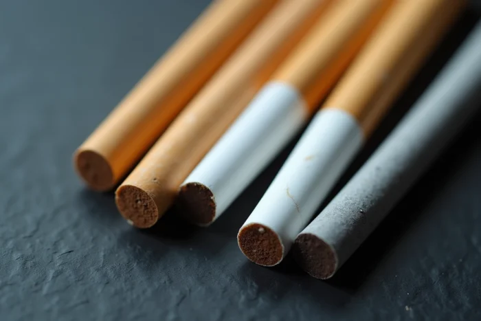 Gros plan macro de cigarettes slim alignées sur ardoise sombre, mettant en évidence les différences de couleur des filtres pour illustrer les variantes de la gamme