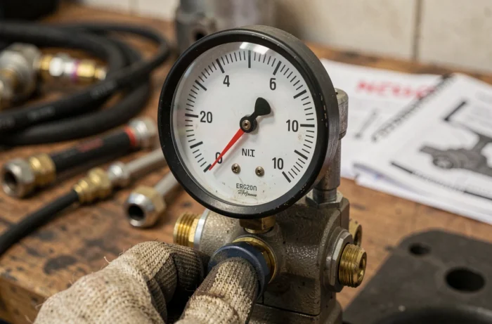 Gros plan sur le manomètre d'une pompe hydraulique lors d'un réglage de pression en atelier