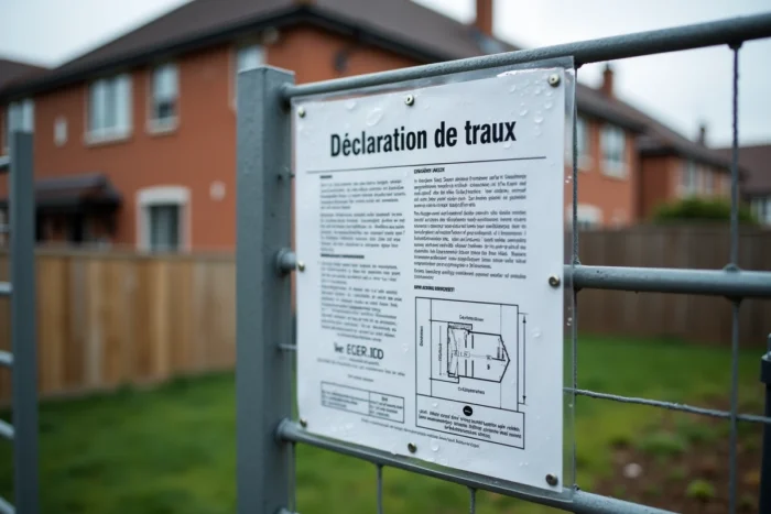 Gros plan d'un panneau de déclaration de travaux plastifié fixé sur un grillage de chantier résidentiel