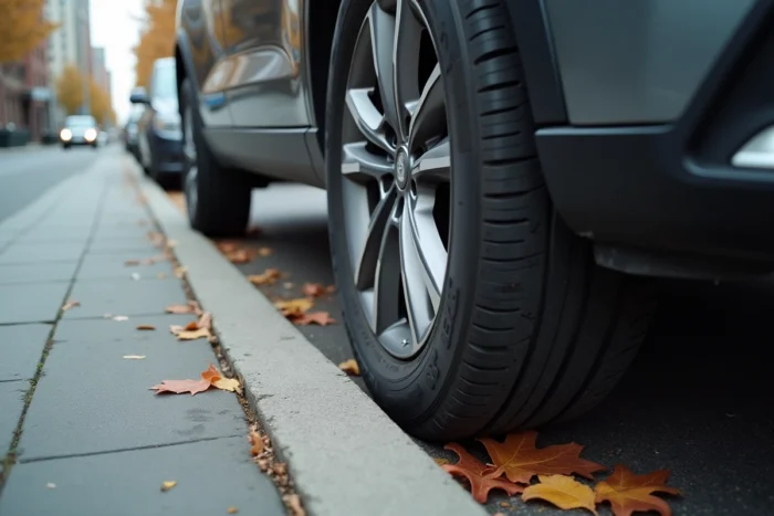 Gros plan d'une roue avant orientée vers le trottoir pour un stationnement correct et sécurisé en ville