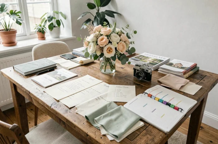 Vue d'ensemble d'une table de planification de mariage avec liste d'invités, échantillons de tissu, brochures de lieux et un planificateur ouvert.