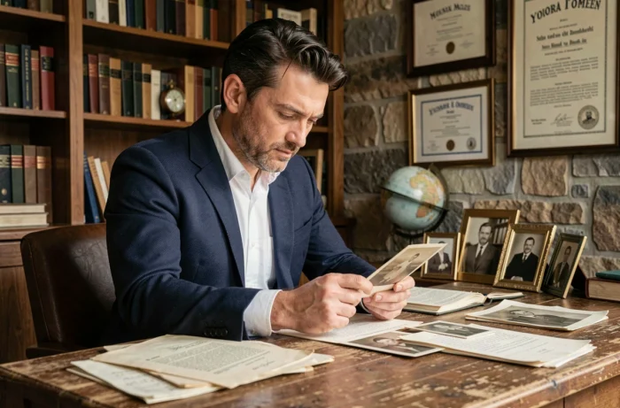 Homme en veste marine examinant des photographies de famille anciennes dans un bureau chaleureux, illustrant les origines familiales de Guillaume Farde
