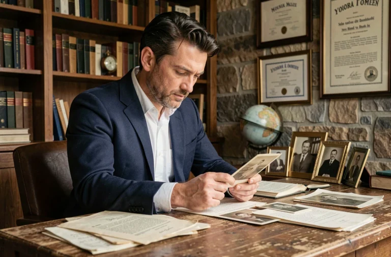 Homme en veste marine examinant des photographies de famille anciennes dans un bureau chaleureux, illustrant les origines familiales de Guillaume Farde