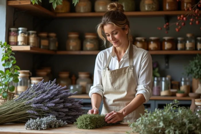 Herboriste arrangeant des bouquets de lavande, thym et romarin sur une table en bois dans une boutique d'herboristerie artisanale