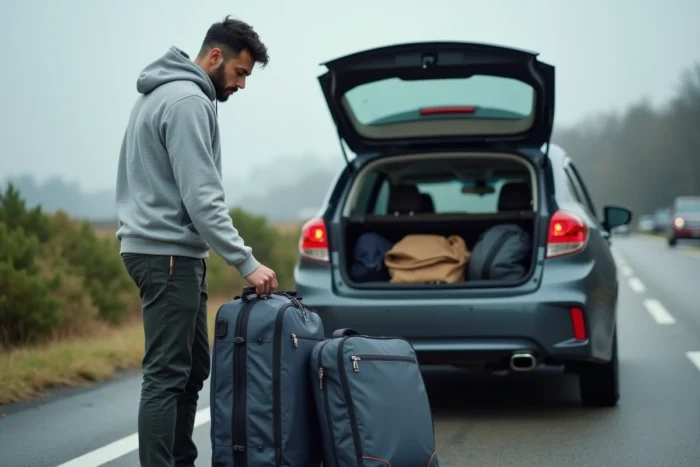 Homme organisant ses bagages dans le coffre d'une voiture lors d'un covoiturage BlaBlaCar sur une aire de repos