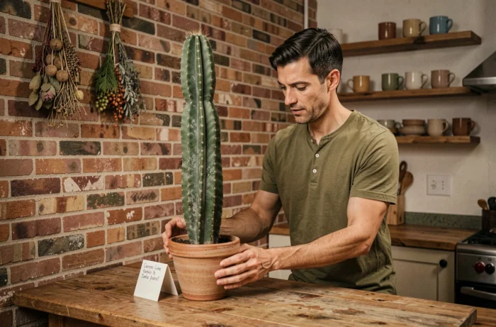 Homme déposant un grand cactus en céramique sur une table comme cadeau symbolique dans un appartement urbain