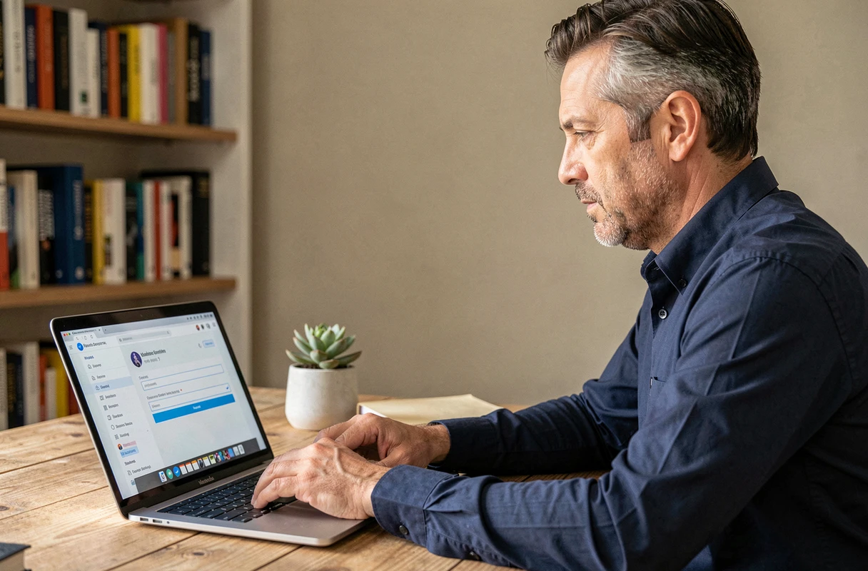 Homme modifiant le nom d'utilisateur de son compte sur une plateforme de streaming depuis son bureau à domicile