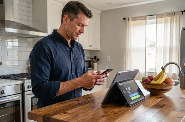 Homme comparant des offres et promotions en ligne sur smartphone et tablette dans une cuisine moderne