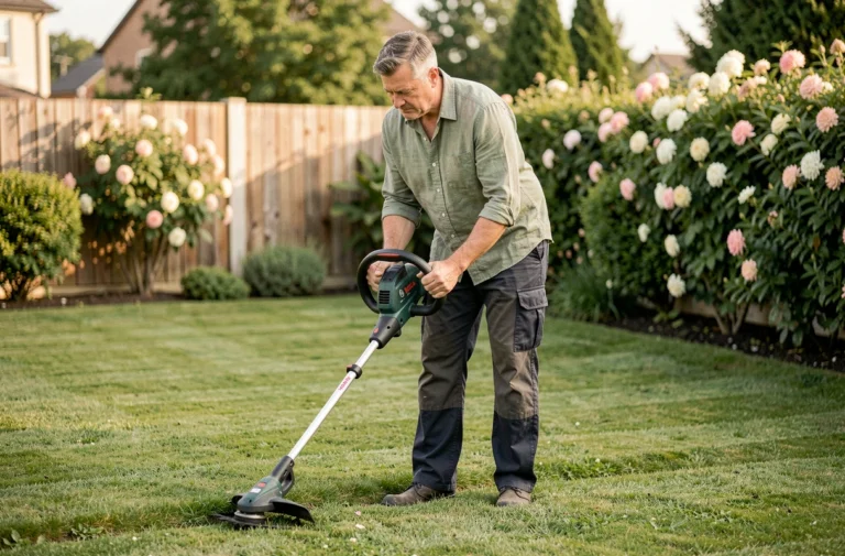 Homme utilisant le coupe-bordure Bosch Art 23 SL pour délimiter les bords d'une pelouse dans un jardin bien entretenu