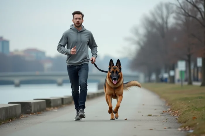 Homme qui court avec un berger allemand en laisse le long d'une rivière urbaine, mettant en avant l'activité physique propre à certaines races de chiens