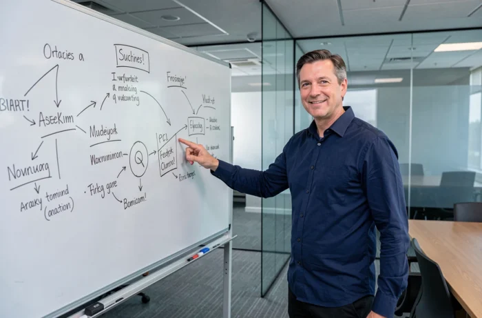 Homme expliquant des concepts au tableau blanc dans une salle de réunion moderne