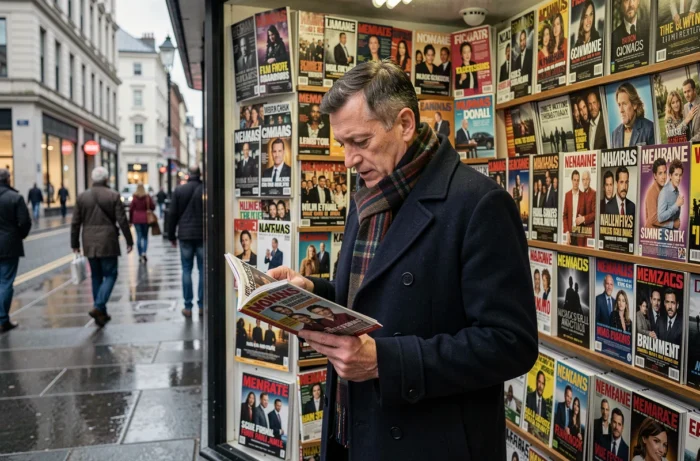 Homme parcourant des magazines de cinéma et séries TV devant un kiosque à journaux en ville