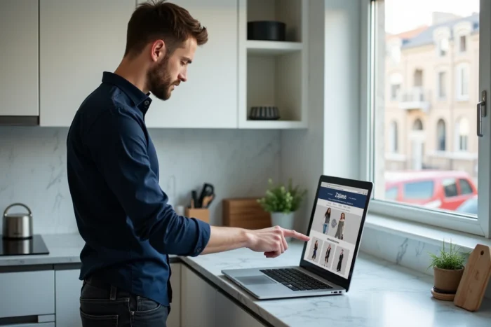 Homme consultant un site de mode en ligne sur son laptop pour trouver des codes de réduction Zalando