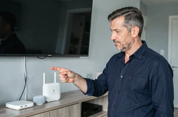 Homme utilisant Ok Google pour configurer une Freebox Pop sur un meuble télévision