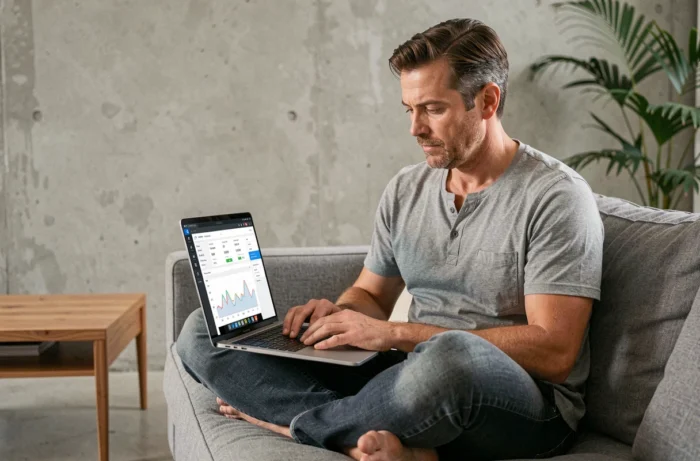 Homme optimisant les performances de son système d'exploitation sur un ordinateur portable dans un salon moderne et minimaliste