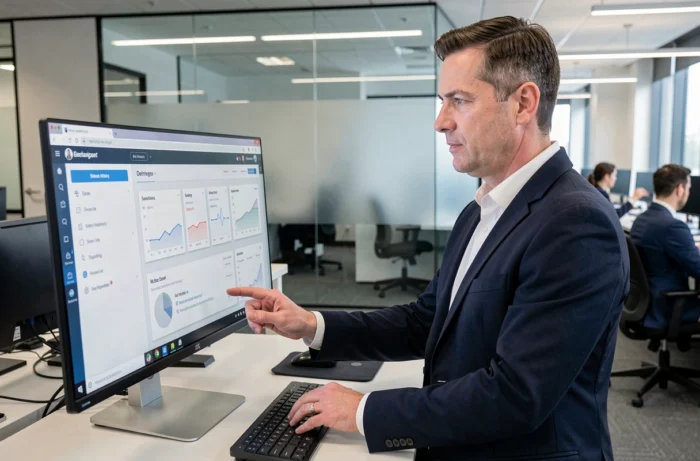 Homme en entreprise prenant en main une application web professionnelle sur un grand écran de bureau